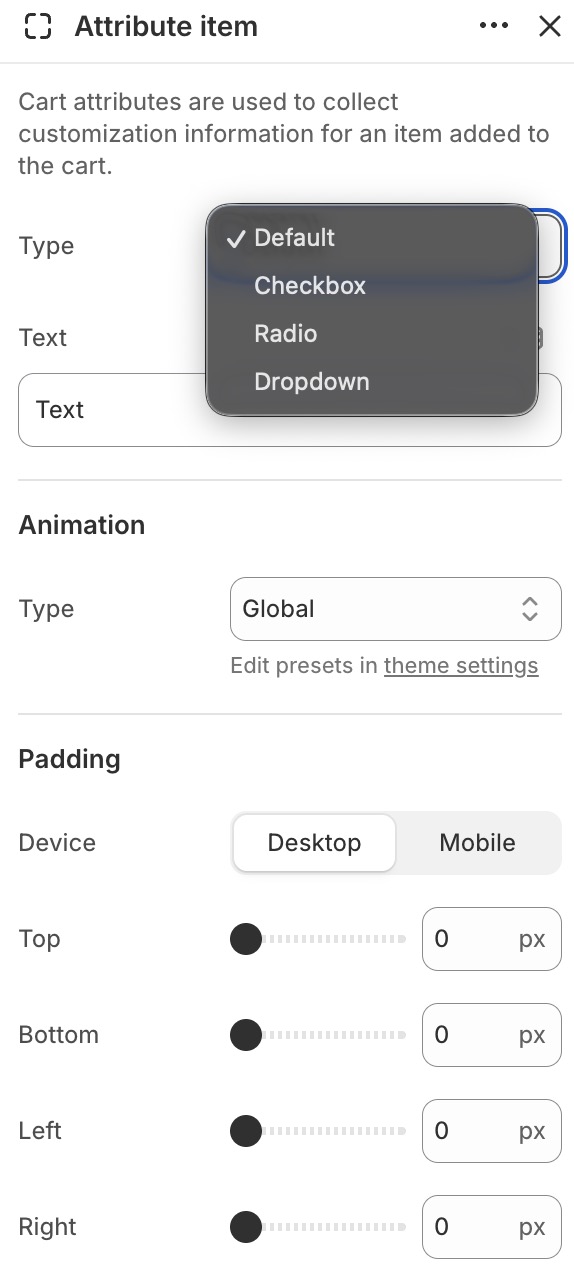 Atribute item settings