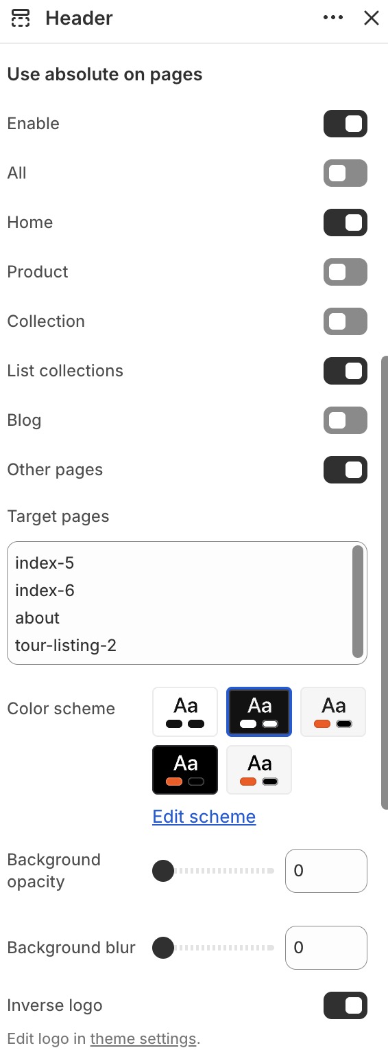 Header absolute settings