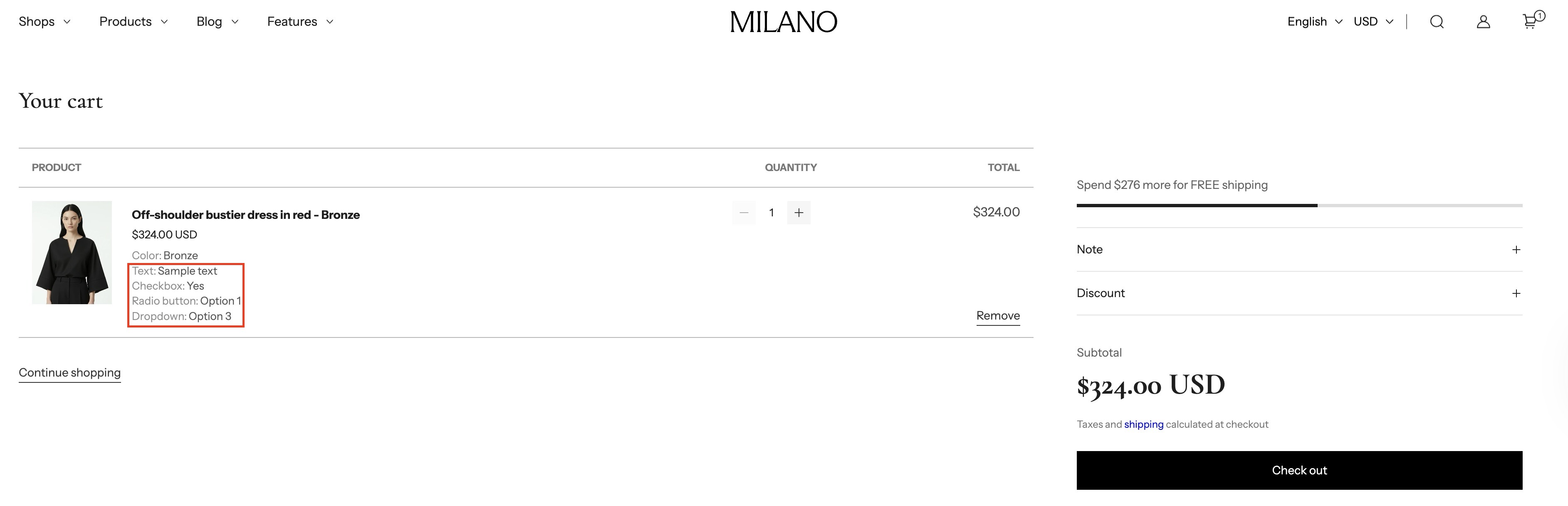 Product line item properties cart page