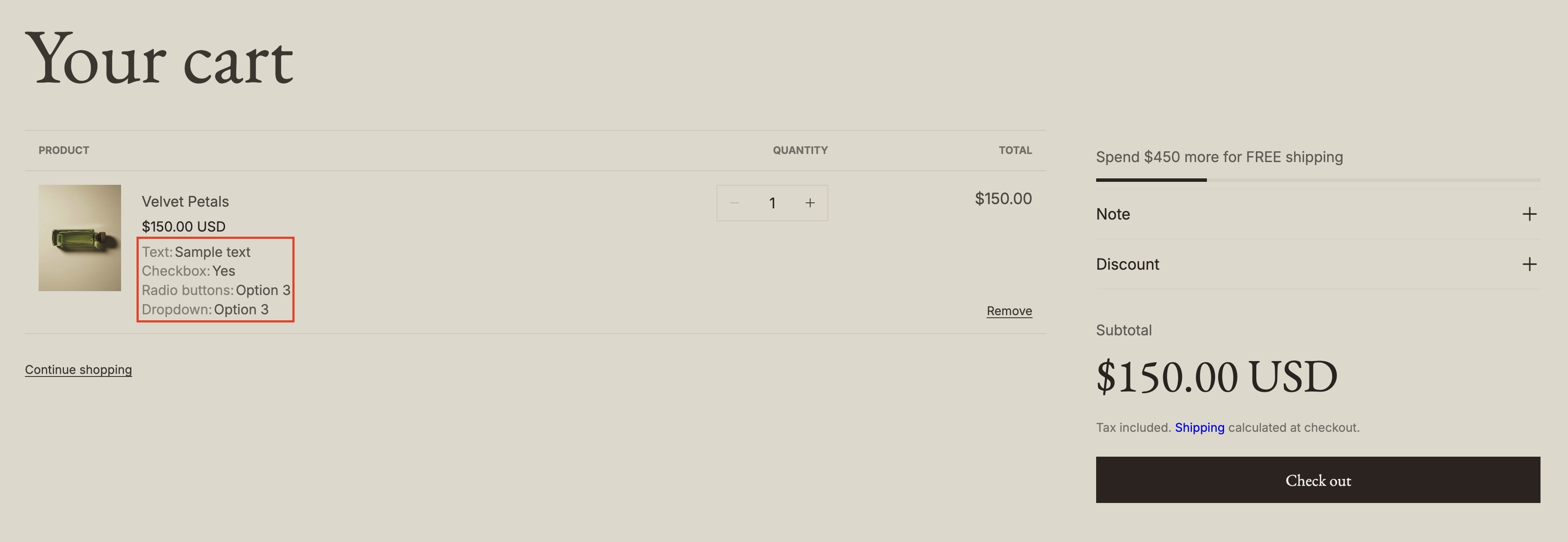 Product line item properties cart page