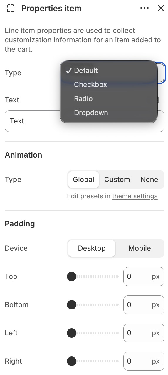 Properties item settings