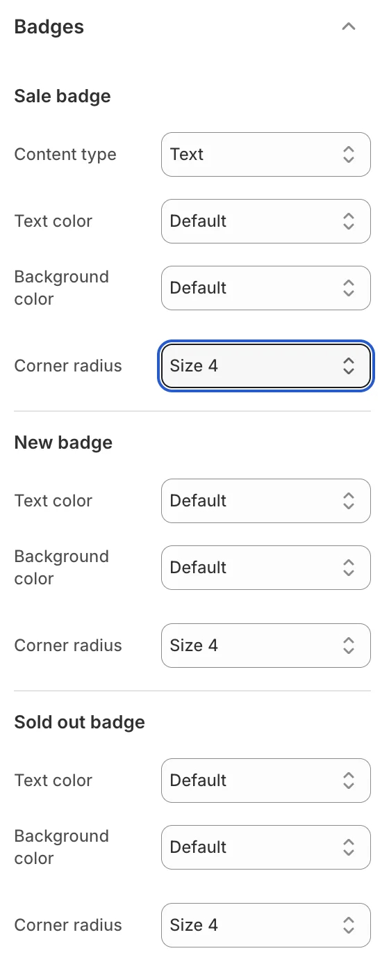 Theme settings badges