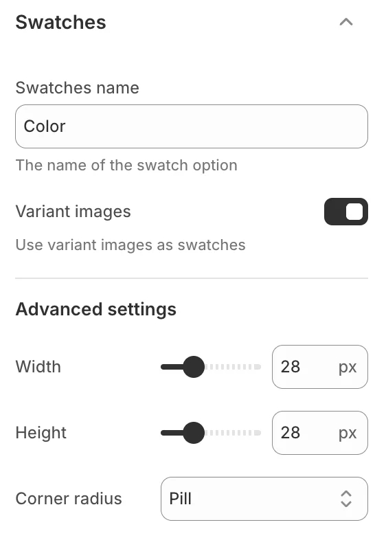 Theme settings swatches