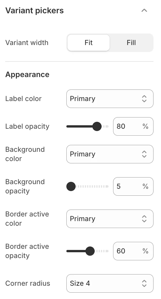 Theme settings variant pickers