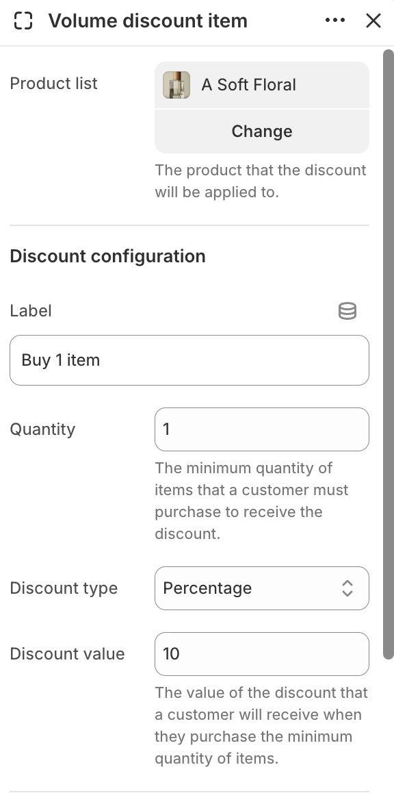 Volume discount item settings