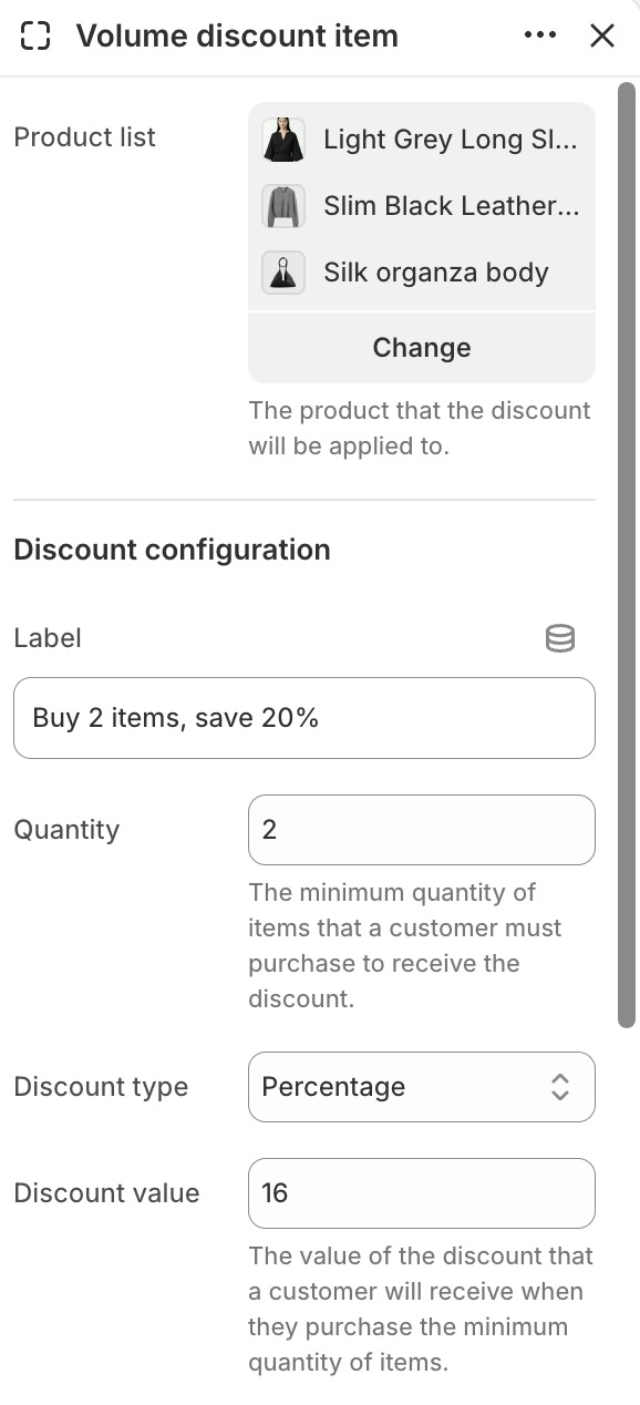 Volume discount item settings